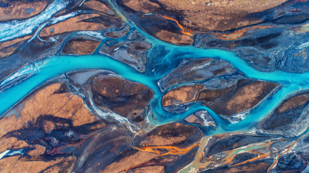 istock Aerial view and top view river in Iceland. Beautiful natural backdrop. 944671456