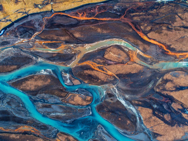 istock Aerial view and top view river in Iceland. Beautiful natural backdrop. 944671464