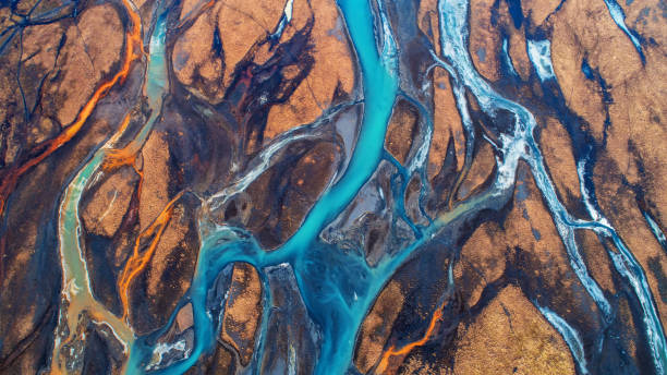 istock Aerial view and top view river in Iceland. Beautiful natural backdrop. 944671470
