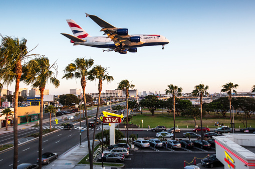 Los Angeles, USA - April 04, 2015: A British Airways Airbus A380 approaching Los Angeles Int. Airport.