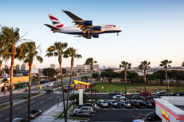 British Airways Airbus A380 Los Angeles, USA - April 04, 2015: A British Airways Airbus A380 approaching Los Angeles Int. Airport. british airways stock pictures, royalty-free photos & images