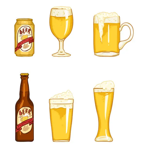 Vector illustration of Vector Cartoon Set of Beer Glasses, Bottle and Can.