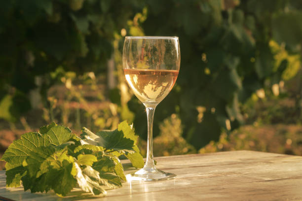 istock glass with white wine in vineyard on old table 944677400