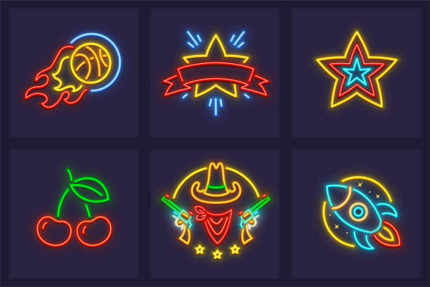Set of neon icons burning basketball ball Set of neon icons. Burning basketball ball star cherry berries cowboy from Wild West and rocket in space. EPS10 vector illustration. Missile stock illustrations