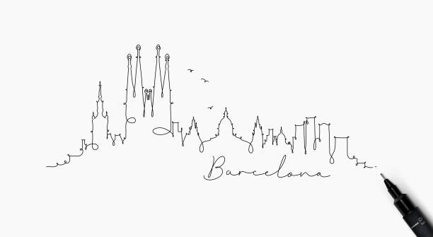 Pen line silhouette barcelona City silhouette barcelona in pen line style drawing with black lines on white background barcelona stock illustrations