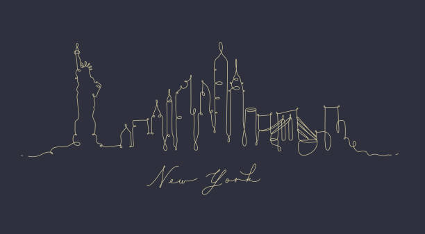 ilustrações, clipart, desenhos animados e ícones de caneta linha silhueta nova york azul-escuro - new york city skyline silhouette manhattan