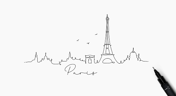 City silhouette paris in pen line style drawing with black lines on white background