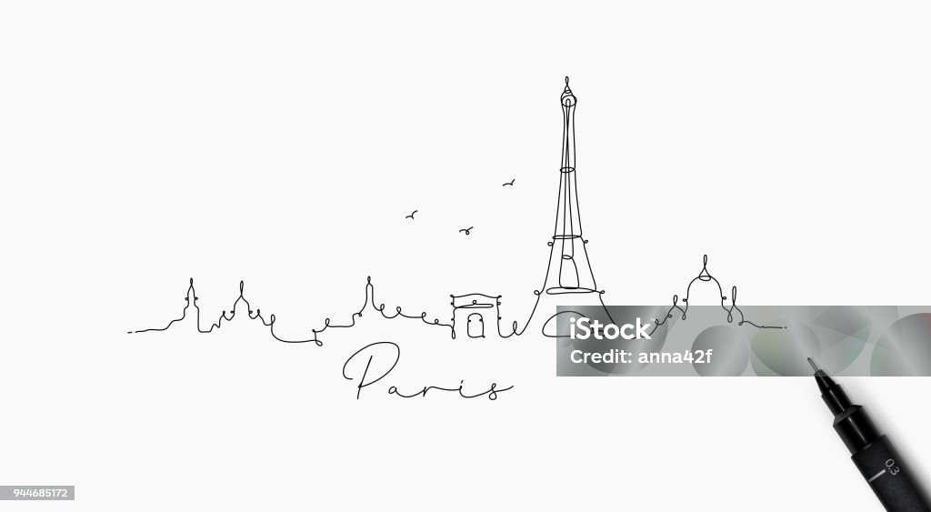 Pen line silhouette paris City silhouette paris in pen line style drawing with black lines on white background Paris - France stock vector