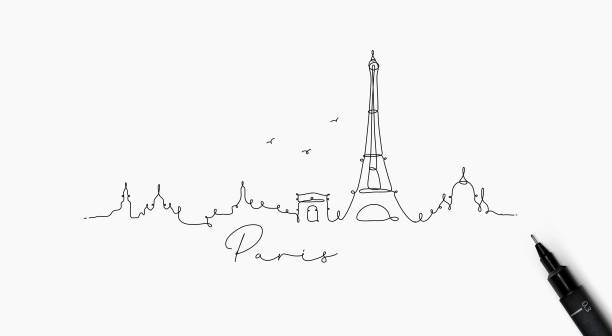 Pen line silhouette paris City silhouette paris in pen line style drawing with black lines on white background panoramic illustrations stock illustrations