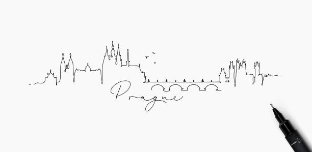 Pen line silhouette prague City silhouette prague in pen line style drawing with black lines on white background prague art stock illustrations