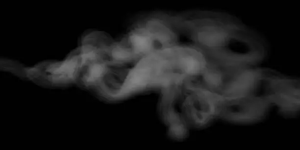 Vector illustration of Smoke vector texture on black background, real transparency. Beautiful soft smoke cigarette effect. Smooth white gray smoke on transparent background. Cloudy smoke concept for design projects.