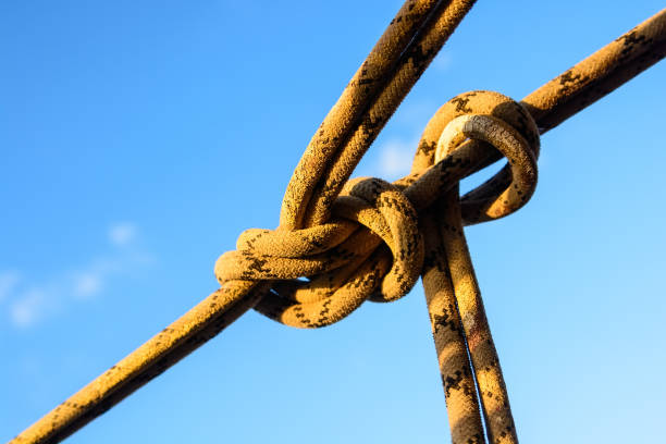 Close up image of rope stretched and tied on rooftops for climbing with blue sky in background