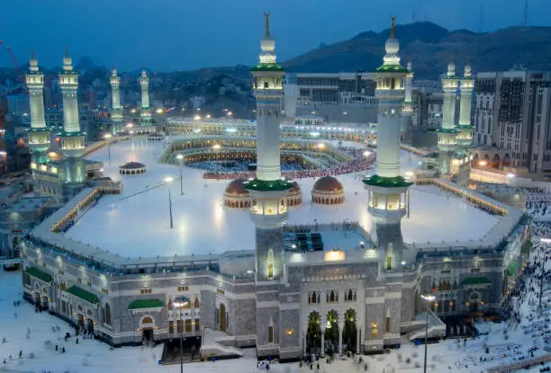 Prayer and Tawaf (circumambulation) of Muslims Around Al-Kaaba in Mecca, Saudi Arabia, Aerial Top View