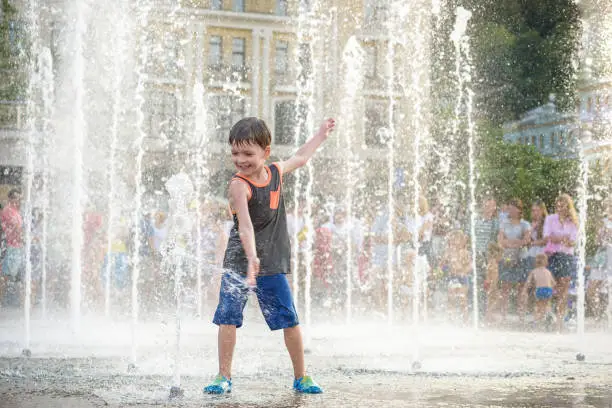 Photo of excited boy having fun between water jets, in fountain. Summer in the city