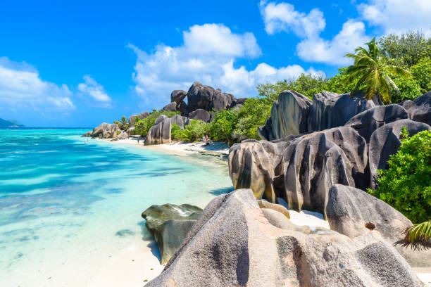 istock Source d'Argent Beach at island La Digue, Seychelles - Beautifully shaped granite boulders and rock formation - Paradise beach and tropical destination for vacation 944729822