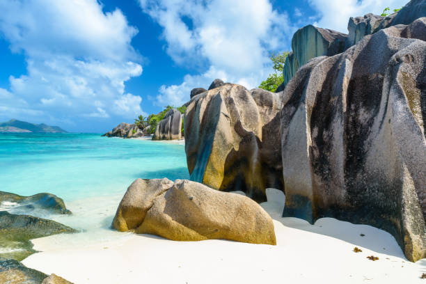 istock Source d'Argent Beach at island La Digue, Seychelles - Beautifully shaped granite boulders and rock formation - Paradise beach and tropical destination for vacation 944730872