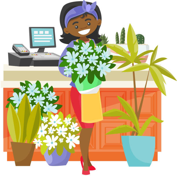 Business owner holding a bouquet in a flower shop Young cheerful african-american business owner standing near the counter and holding a bouquet of flowers in a flower shop. Vector cartoon illustration isolated on white background. Square layout. small business owner on computer stock illustrations
