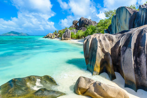 istock Source d'Argent Beach at island La Digue, Seychelles - Beautifully shaped granite boulders and rock formation - Paradise beach and tropical destination for vacation 944739260