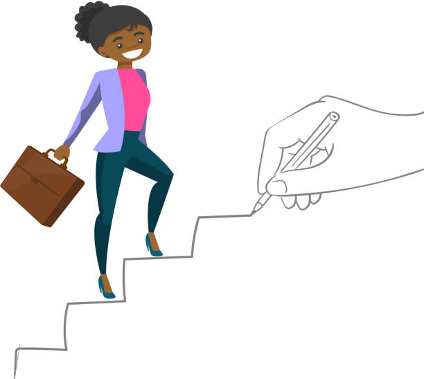 ilustrações, clipart, desenhos animados e ícones de mulher de negócios jovem subir a escada da carreira - black ladder white staircase