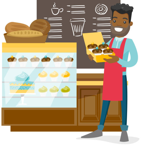 ilustrações de stock, clip art, desenhos animados e ícones de young worker of the bakery offering cupcakes - business owner