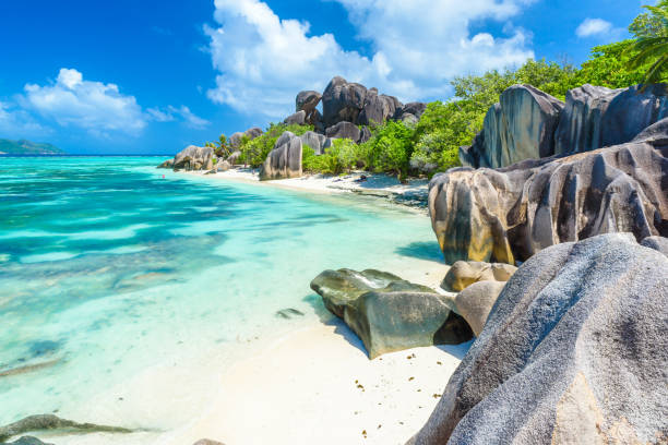 istock Source d'Argent Beach at island La Digue, Seychelles - Beautifully shaped granite boulders and rock formation - Paradise beach and tropical destination for vacation 944742286