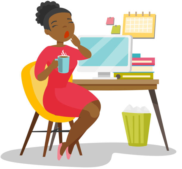 illustrazioni stock, clip art, cartoni animati e icone di tendenza di giovane impiegato stanco afro-americano sbadigliando - yawning women drink coffee cup