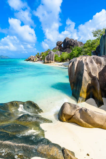 istock Source d'Argent Beach at island La Digue, Seychelles - Beautifully shaped granite boulders and rock formation - Paradise beach and tropical destination for vacation 944743452