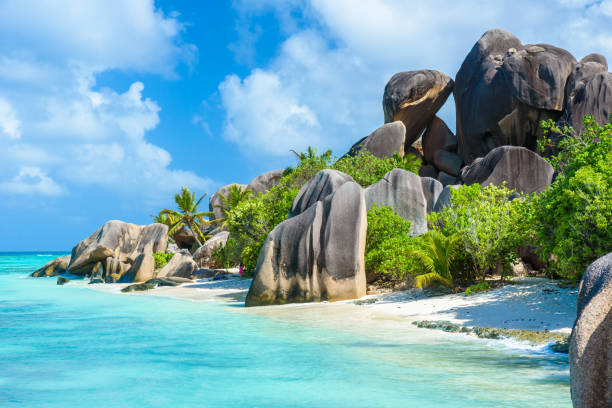 istock Source d'Argent Beach at island La Digue, Seychelles - Beautifully shaped granite boulders and rock formation - Paradise beach and tropical destination for vacation 944747142