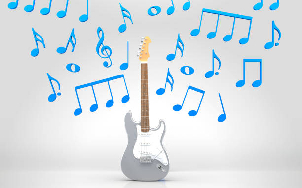 istock Gray electric guitar with music notations 944750720