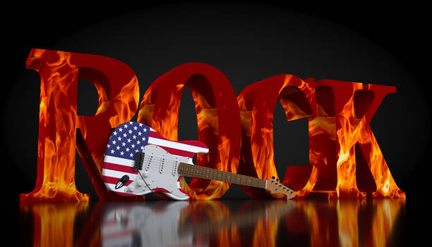 Electric guitar with USA flag and text rock on background