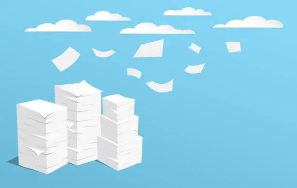 Vector illustration of Stack of white sheets and flying paper in blue background with clouds on blue sky