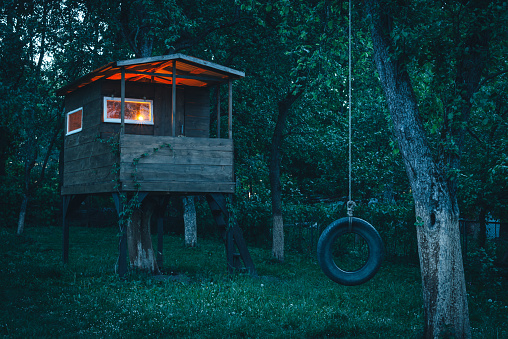 House on tree in evening garden. Childhood concept