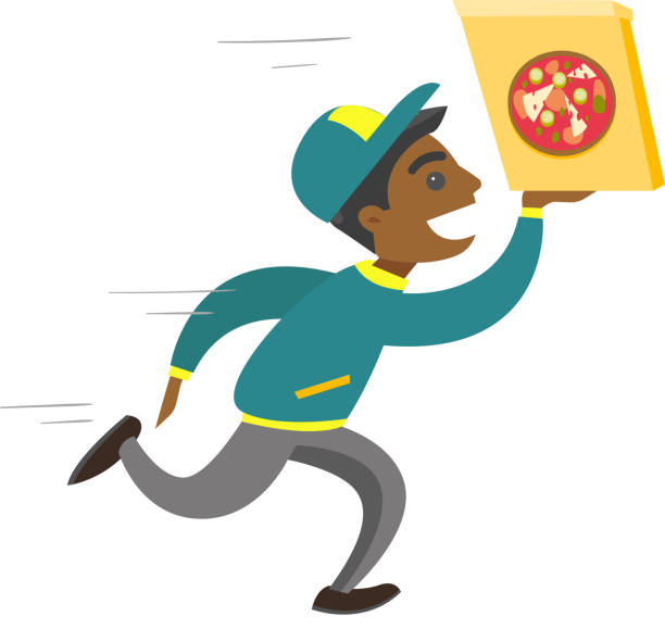 african-american jüngling mit pizza - pizza delivering running men stock-grafiken, -clipart, -cartoons und -symbole