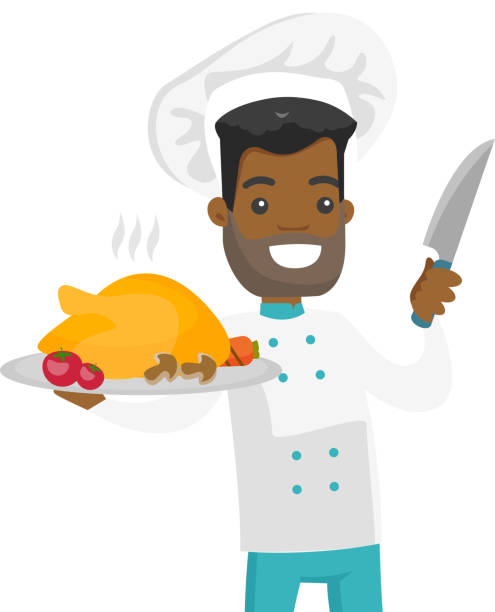 illustrazioni stock, clip art, cartoni animati e icone di tendenza di giovane capo cuoco africano che tiene pollo arrosto - chicken strip