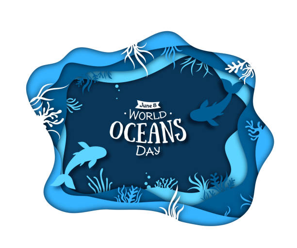 ilustraciones, imágenes clip art, dibujos animados e iconos de stock de concepto de arte de papel del día mundial de los océanos. la celebración dedicada a ayudar a proteger y conservar los océanos, agua, ecosistema. - animal planet sea life