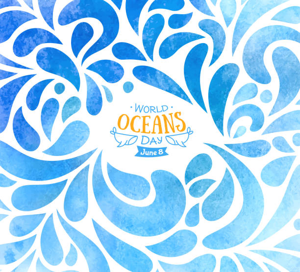 세계 바다의 날입니다. 축 하를 보호 하 고 세계 바다, 물 절약 데 전용된. 손으로 그린 그린 수채화 방울의 파란색 배경입니다. - splashing water wave drop stock illustrations