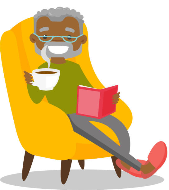 本を読んでアフリカ系アメリカ人の年配の男性 - senior adult relaxation sofa reading点のイラスト素材／クリップアート素材／マンガ素材／アイコン素材