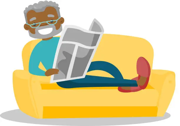 Vector illustration of Man laying on the couch and reading a newspaper