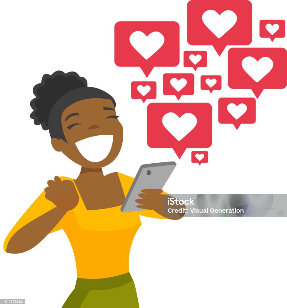 African-american woman getting social media likes Young african-american woman using a smartphone with many social media heart like icons. Woman getting likes in social network. Vector cartoon illustration isolated on white background. Square layout. Social Media stock vector