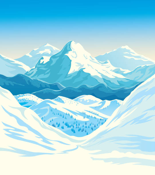 ilustrações de stock, clip art, desenhos animados e ícones de winter mountain landscape - beautiful blue sport vertical