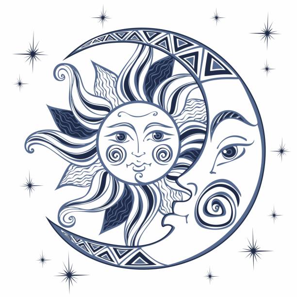 月と太陽。古代の占星術記号です。彫刻。自由奔放に生きるスタイル。民族。黄道帯の記号です。神秘的です。ベクトル。 - fortune telling astrology sign wheel sun点のイラスト素材／クリップアート素材／マンガ素材／アイコン素材
