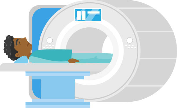 человек проходит магнитно-резонансную томографию - mri scanner cat scan mri scan cartoon stock illustrations