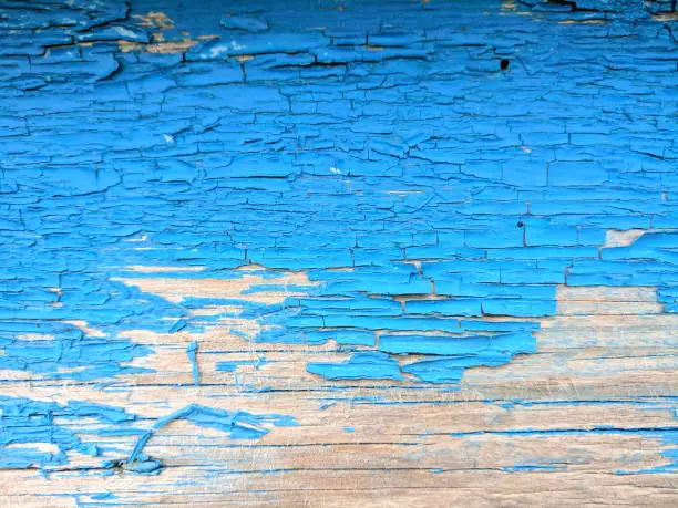 Photo of Wooden texture with cracked blue paint, old pattern with shabby paint, cracked blue surface, abstract background for the designer, blank for the designer, vintage style