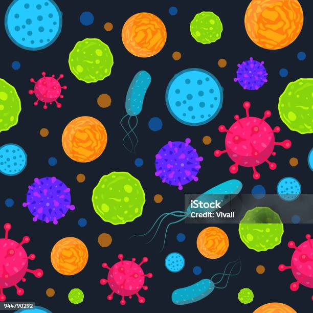 Seamless Funny Pattern With Bacteria And Virus Infection Bacteria And Virus Background Vector Biology Print Microbe Seamless Pattern Stock Illustration - Download Image Now
