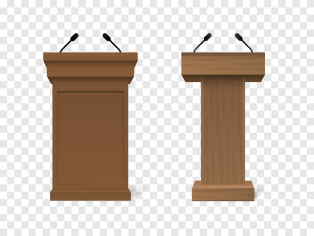 Set of Vector White Podium Tribune Rostrum Stand with Microphones Isolated Set of Vector White Podium Tribune Rostrum Stand with Microphones Isolated on checkered background lectern stock illustrations
