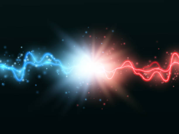 kollision von zwei kräfte mit rotem und blauem licht. vektor versus konzept - nuclear energy flash stock-grafiken, -clipart, -cartoons und -symbole