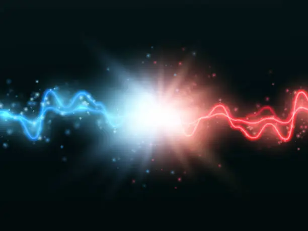 Vector illustration of Collision of two forces with red and blue light. Vector versus concept