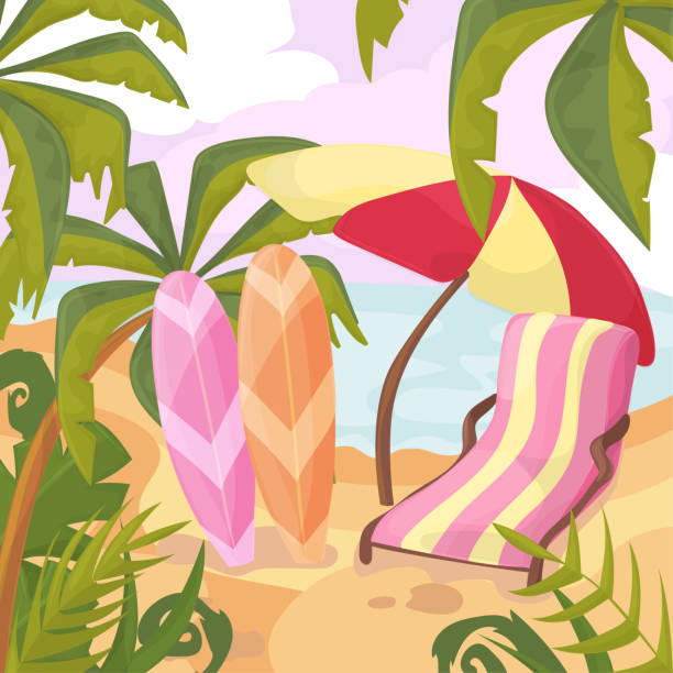istock Summertime on the beach. Palms and plants around.Cartoon vector. Summer vacation 944800928