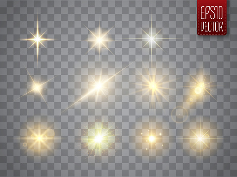 Golden lights sparkles collection. Vector illustration of glowing lens flares, flashes and sparks