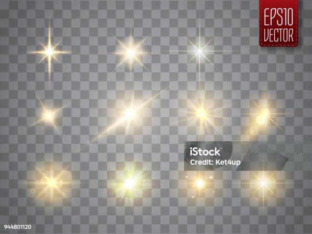 Golden Lights Sparkles Collection Vector Illustration Of Glowing Lens Flares Flashes And Sparks Stock Illustration - Download Image Now